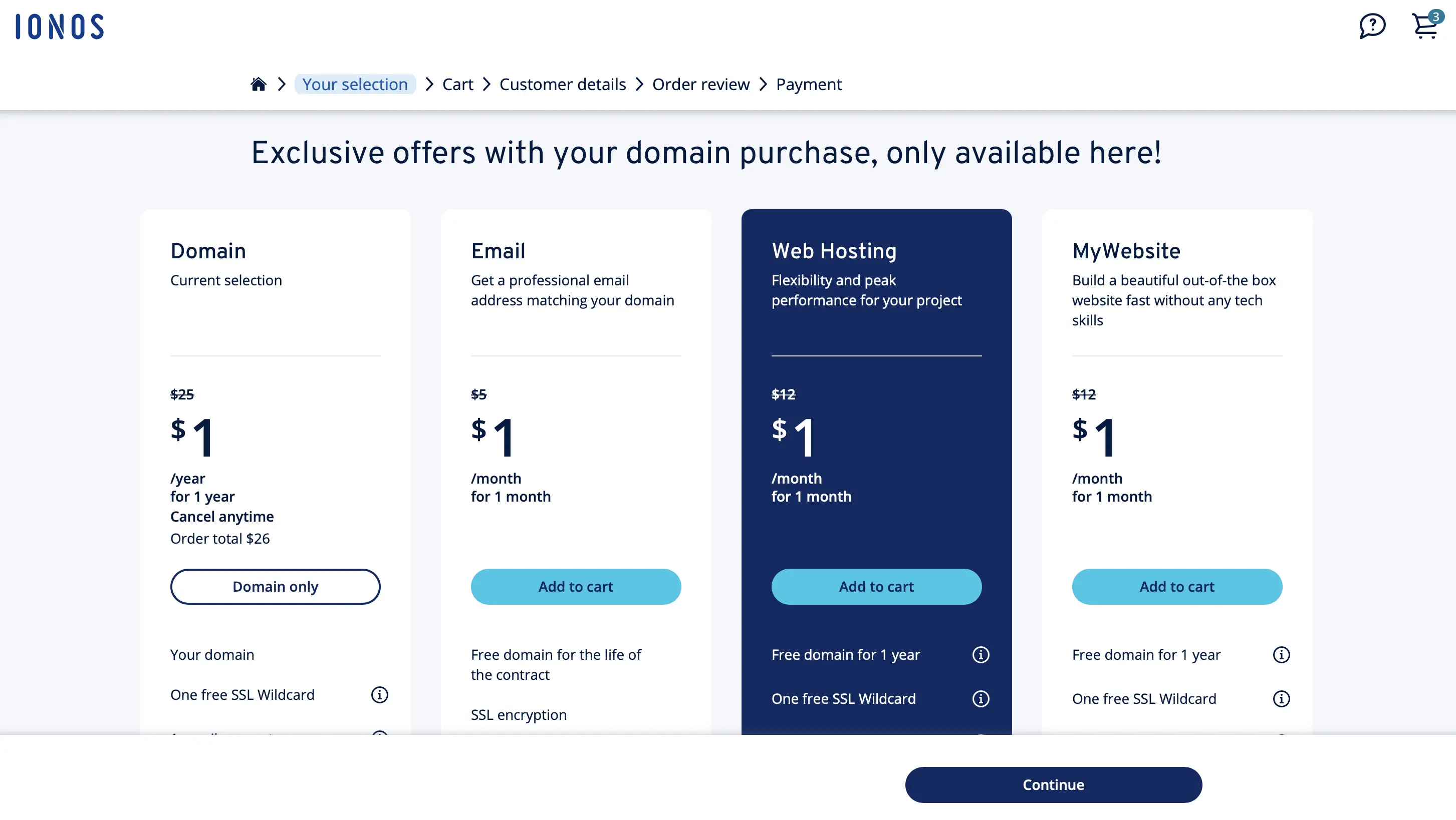 Schermata della selezione dei prodotti su IONOS Immagine: Schermata della selezione dei prodotti su IONOS