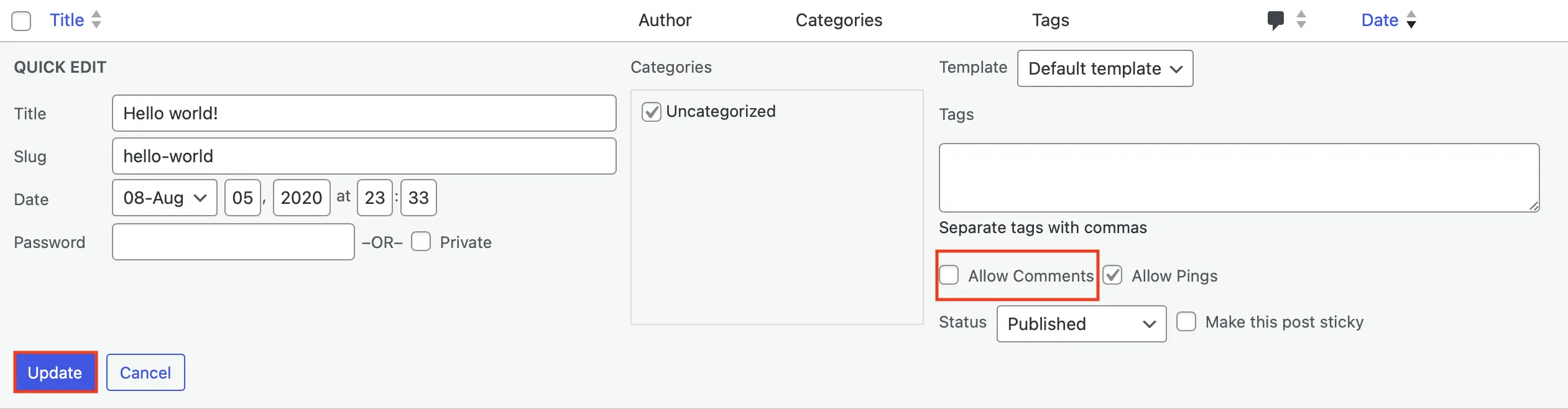 Campo di “Modifica rapida” nella sezione “Articoli” con varie impostazioni, tra cui “Permetti di commentare” Immagine: Campo di “Modifica rapida” nella sezione “Articoli” con varie impostazioni, tra cui “Permetti di commentare”