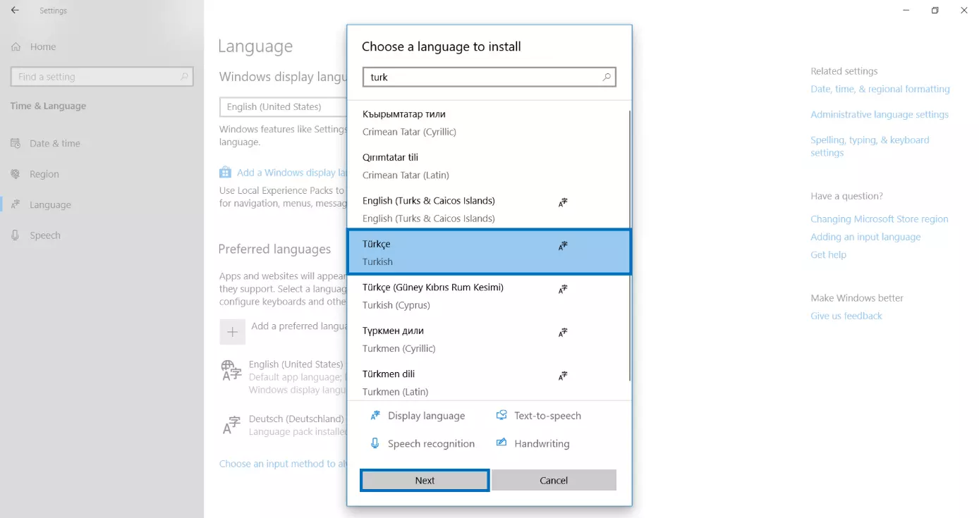 Menu per aggiungere un’altra lingua