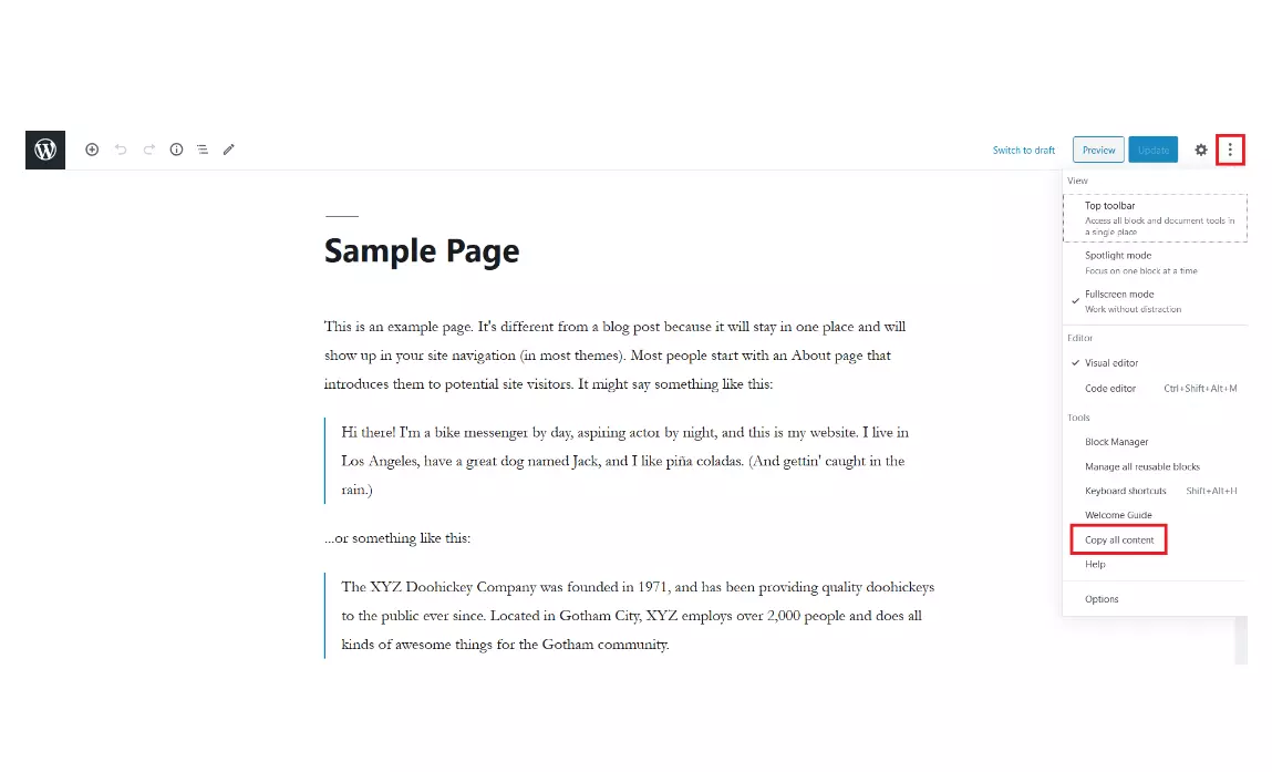 Bacheca di WordPress - editor Gutenberg: “Copia tutto il contenuto”