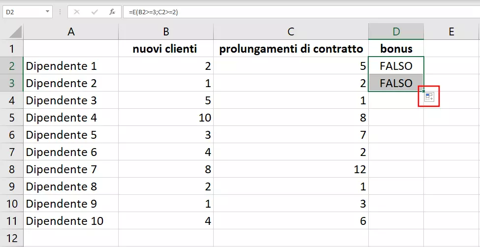 Funzione E di Excel: estensione a più celle