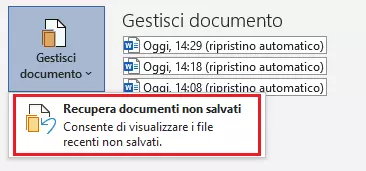 Funzione di salvataggio automatico di Word nel menu “File > Informazioni > Gestisci documento”. Funzione di salvataggio automatico di Word nel menu “File > Informazioni > Gestisci documento”.