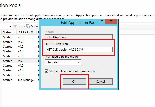 Gestore IIS, Pool di applicazioni: selezione della versione .NET Gestore IIS, Pool di applicazioni: selezione della versione .NET