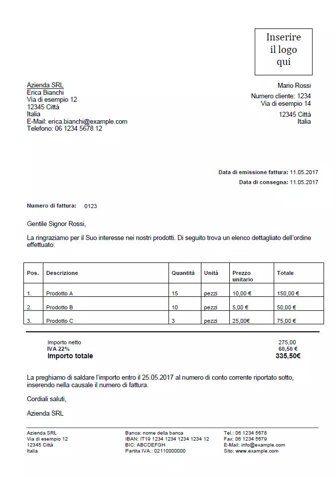 Immagine: Screenshot di un modello di fattura