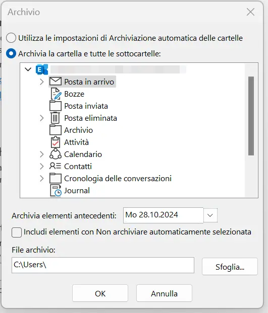 Microsoft Outlook: finestra di dialogo “Archivio” Immagine: Microsoft Outlook: finestra di dialogo “Archivio”