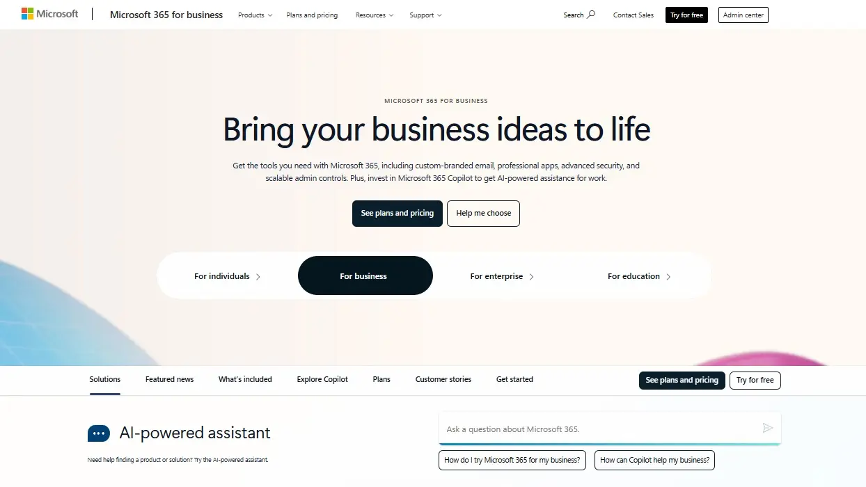 Homepage di Microsoft 365 per aziende con strumenti di collaborazione e funzioni IA Immagine: Homepage di Microsoft 365 per aziende con strumenti di collaborazione e funzioni IA