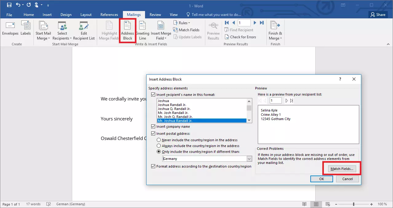 Pulsante “Blocco di indirizzi” con il quale è possibile configurare una stampa unione in Word