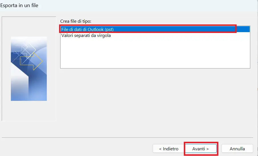 Immagine: Procedura guidata di importazione ed esportazione di Outlook: tipi di file disponibili