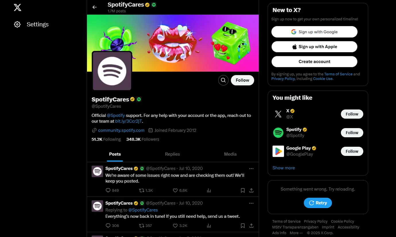 Schermata della pagina X di SpotifyCares Immagine: Schermata della pagina X di SpotifyCares