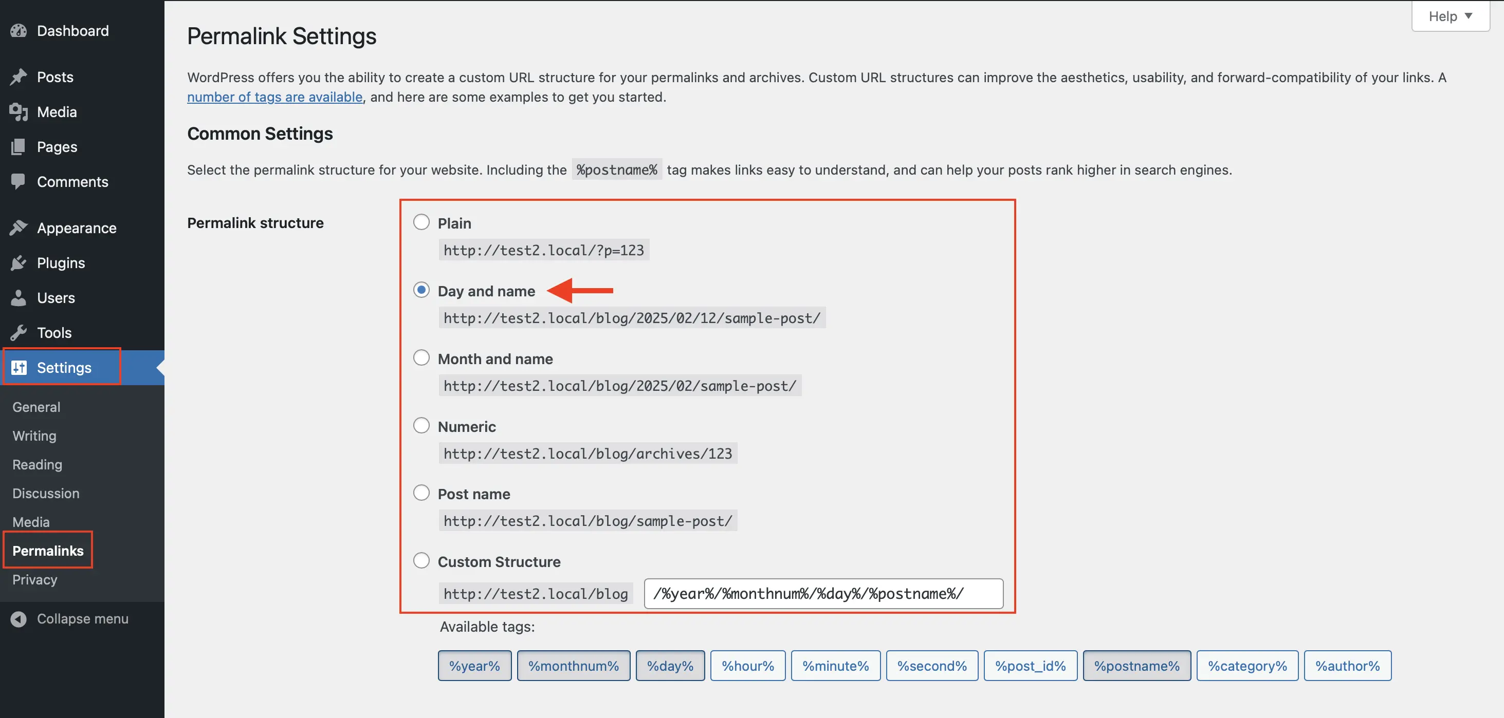 Permalink: “Impostazioni comuni”, opzioni per i link Immagine: Permalink: “Impostazioni comuni”, opzioni per i link