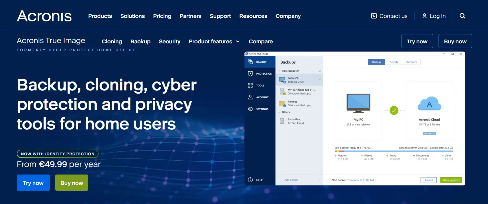 Screenshot del sito di Acronis Immagine: Screenshot del sito di Acronis