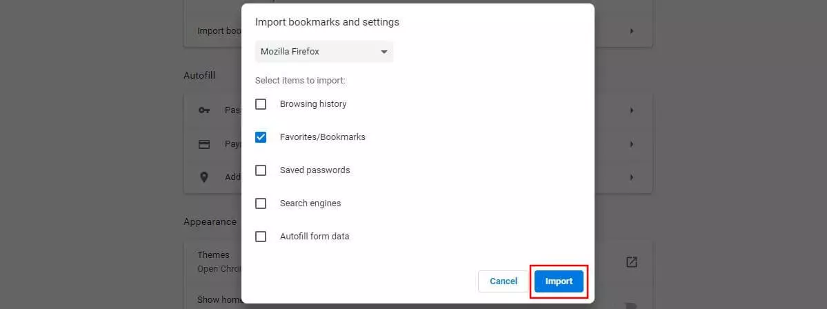 Immagine: Finestra del menu di Chrome “Importa preferiti e impostazioni”