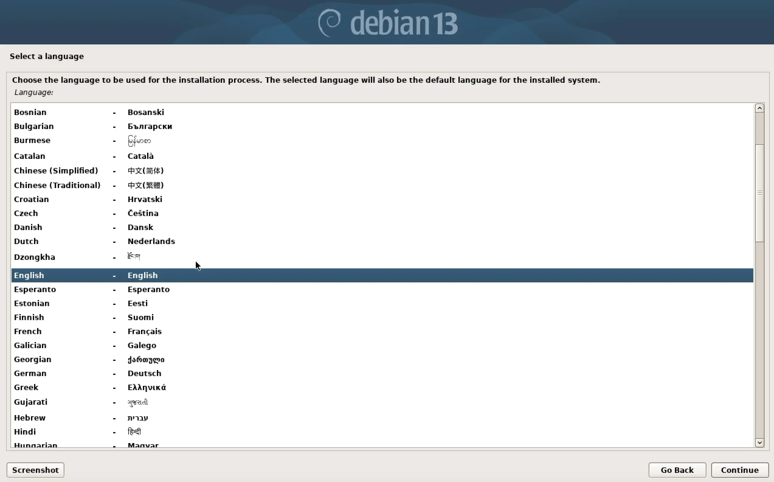 Immagine: Screenshot dell&rsquo;installazione di Debian 13: selezione della lingua