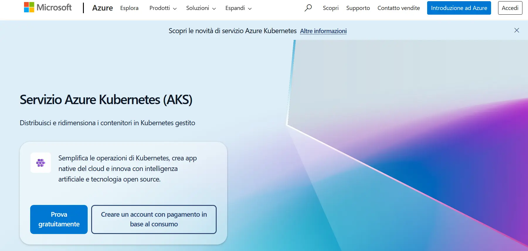 Sito web del prodotto Microsoft Azure Kubernetes Service (AKS) Immagine: Sito web del prodotto Microsoft Azure Kubernetes Service (AKS)