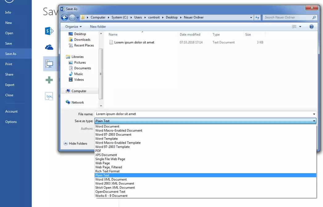 Finestra per salvare un documento di Word come file .txt