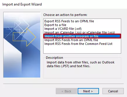 Procedura guidata di importazione/esportazione di Outlook: “Importa dati da altri programmi o file”.