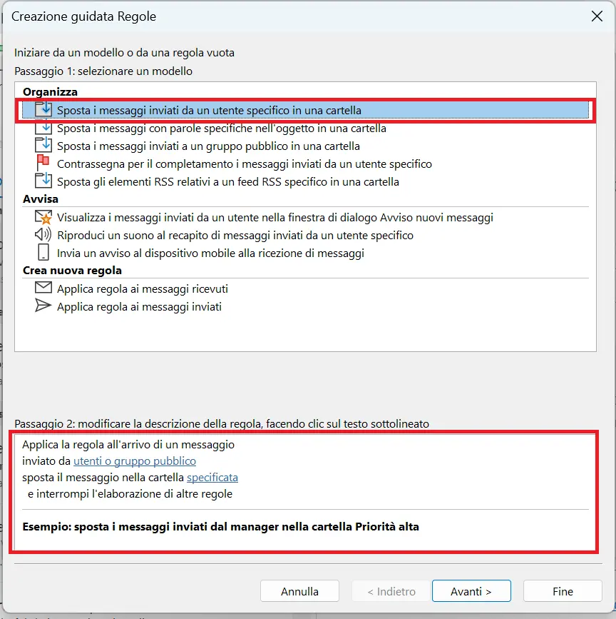 Creazione guidata Regole di Outlook: selezione del modello per la regola Immagine: Creazione guidata Regole di Outlook: selezione del modello per la regola