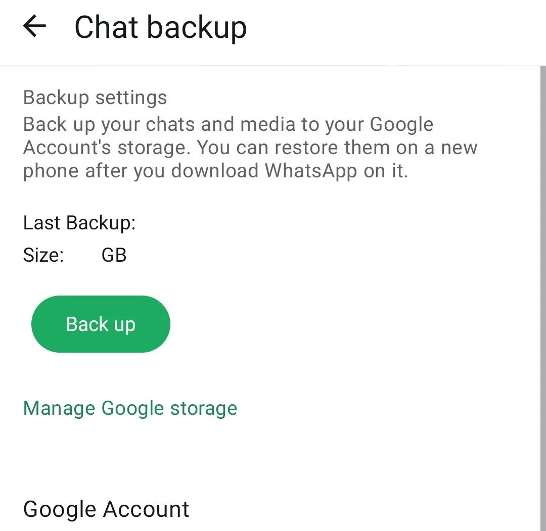 Immagine: Schermata Android del menu di backup di WhatsApp