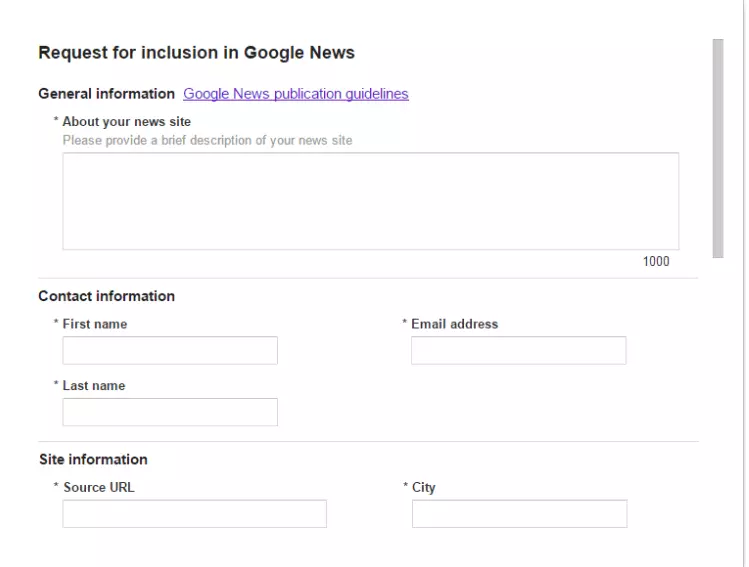 Formulario di registrazione di Google News – parte 1