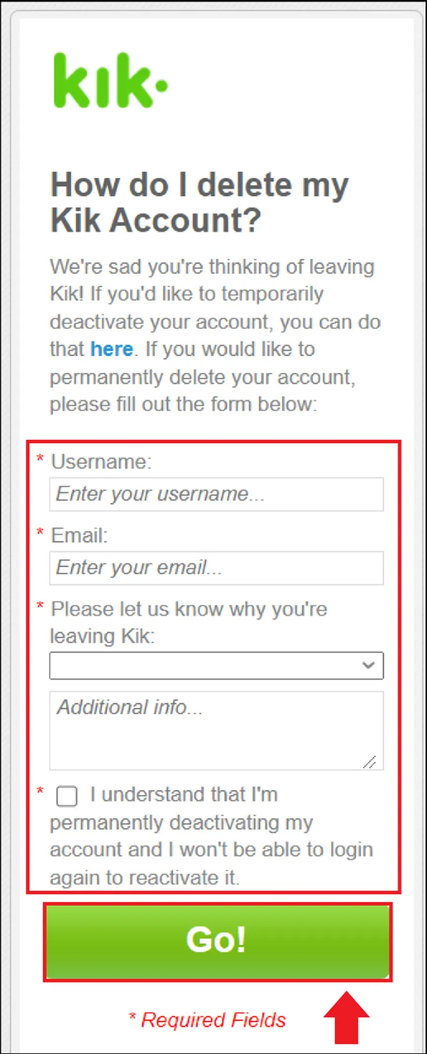 Immagine: Inserisci il tuo nome utente e l’indirizzo e-mail per cancellare il tuo account