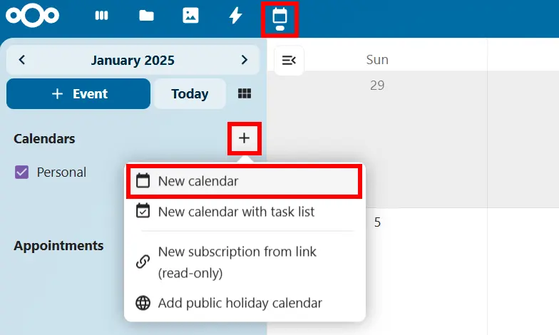 Immagine: Creare un nuovo calendario in Nextcloud