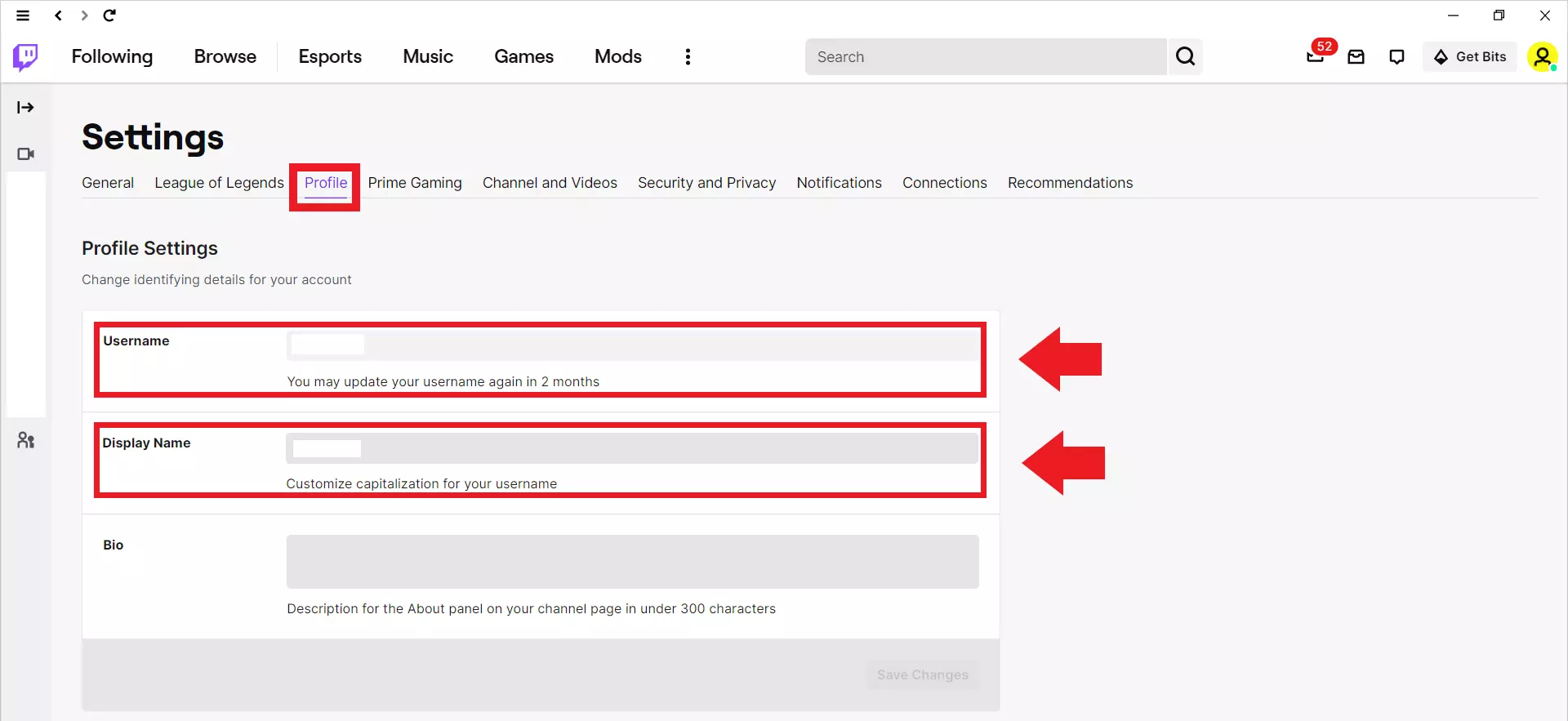 Immagine: Impostazioni del profilo nell’applicazione desktop di Twitch