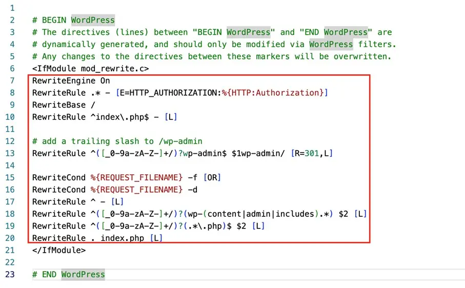 Nuovo file .htaccess con il codice sostituito del back end di WordPress Immagine: Nuovo file .htaccess con il codice sostituito del back end di WordPress