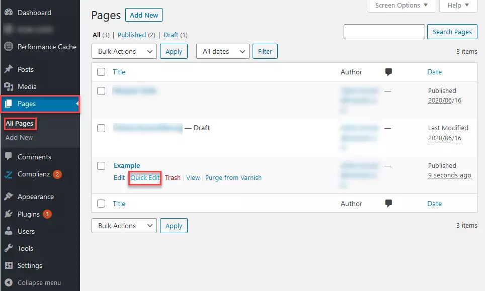Bacheca di WordPress: “Pagine”, “Tutte le pagine” con funzione “Modifica rapida” evidenziata