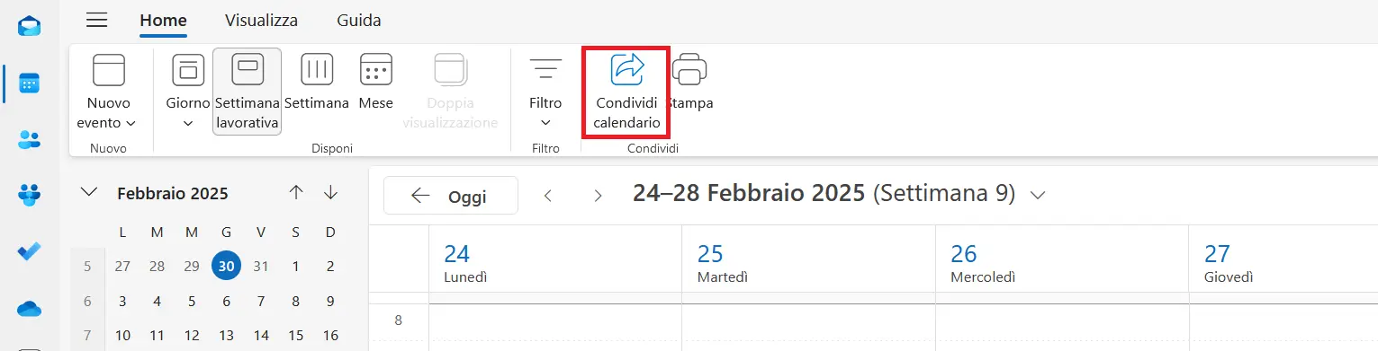 Immagine: Outlook sul Web: barra degli strumenti nella visualizzazione calendario