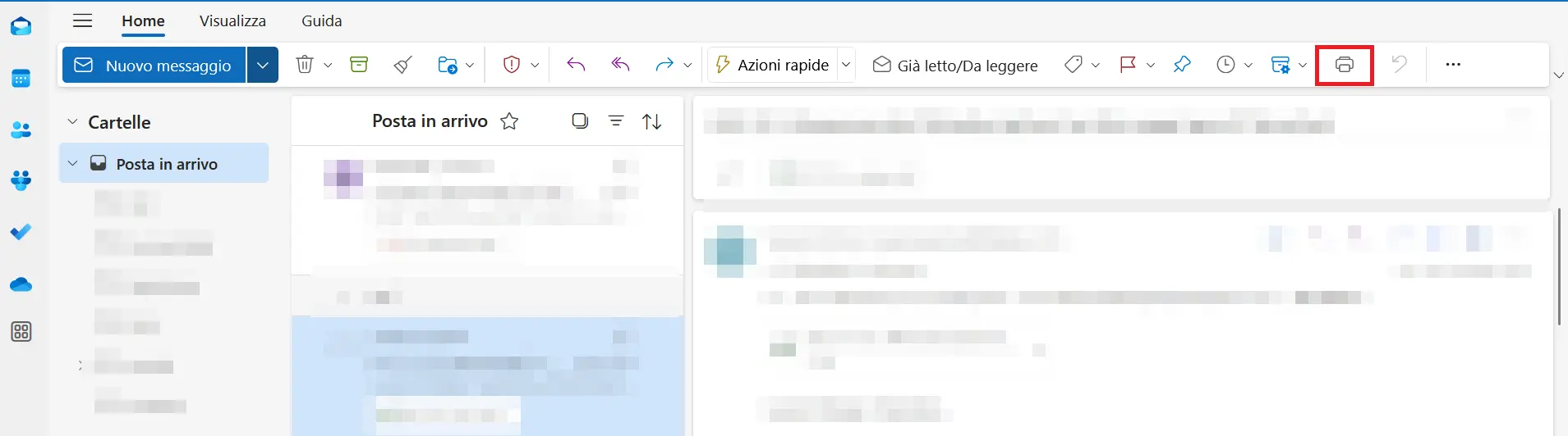 Immagine: Versione web di Outlook con e-mail aperta e menu aperto con &ldquo;Stampa&rdquo;