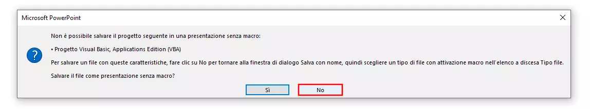 Immagine: Microsoft PowerPoint: avviso durante il salvataggio di macro