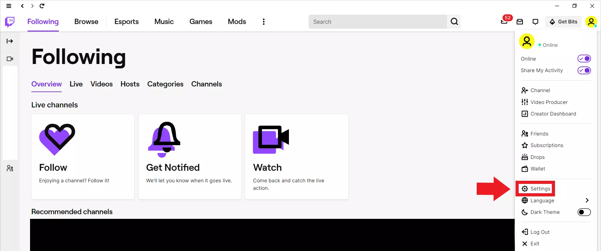 Immagine: Menu dell’immagine del profilo nell’applicazione desktop di Twitch