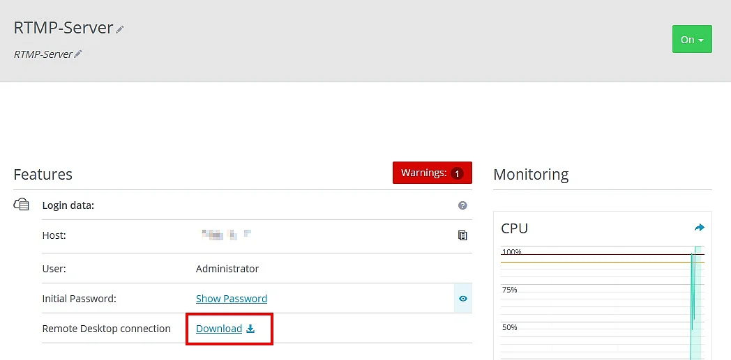 Schermata del Cloud Panel di IONOS per il server RTMP Immagine: Schermata del Cloud Panel di IONOS per il server RTMP