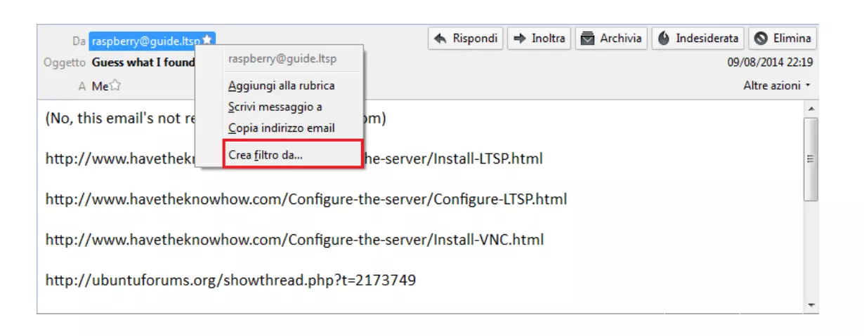 Immagine: Thunderbird: voce del menu “Crea filtro da…”