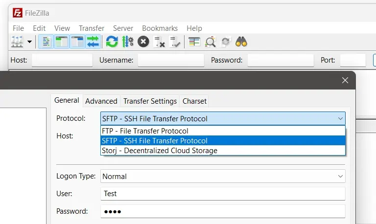 Immagine: Selezionare SFTP nel Gestore Server di FileZilla