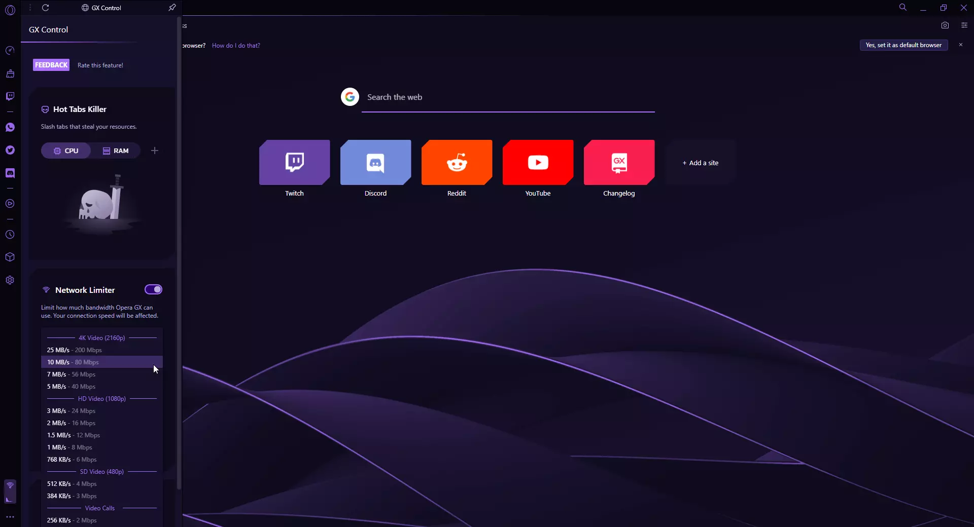 La finestra GX Control nel browser di gioco Opera GX