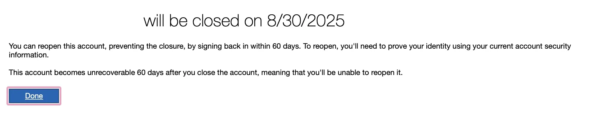 Immagine: Conferma della chiusura dell&rsquo;account