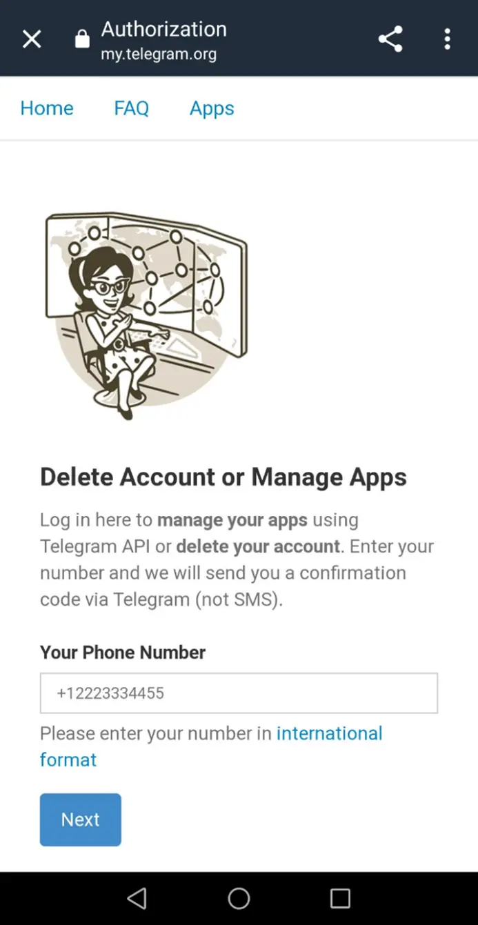 Sito web di Telegram per eliminare l’account: inserimento del numero di cellulare Immagine: Sito web di Telegram per eliminare l’account: inserimento del numero di cellulare