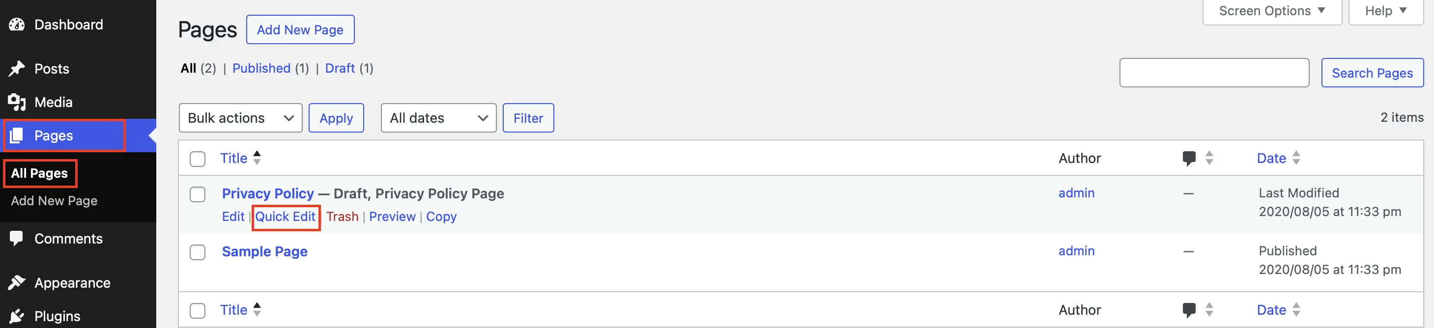 Bacheca di WordPress: “Pagine”, “Tutte le pagine” con funzione “Modifica rapida” evidenziata Immagine: Bacheca di WordPress: “Pagine”, “Tutte le pagine” con funzione “Modifica rapida” evidenziata
