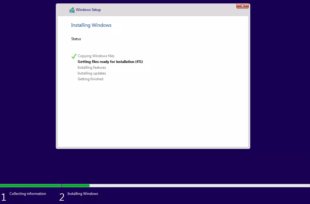 Immagine: Barra di avanzamento “Windows è in fase di installazione”