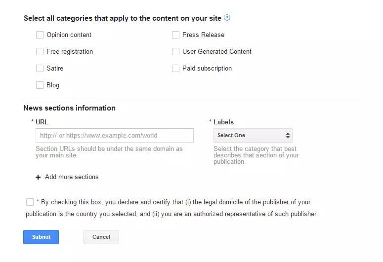 Formulario di registrazione di Google News – parte 2