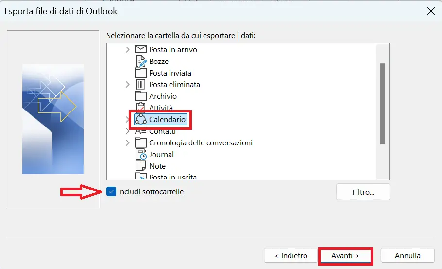 Immagine: Procedura guidata di importazione ed esportazione di Outlook: selezione dei dati da esportare