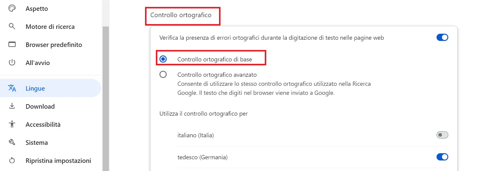 Immagine: Attivazione del controllo ortografico di base in Google Chrome