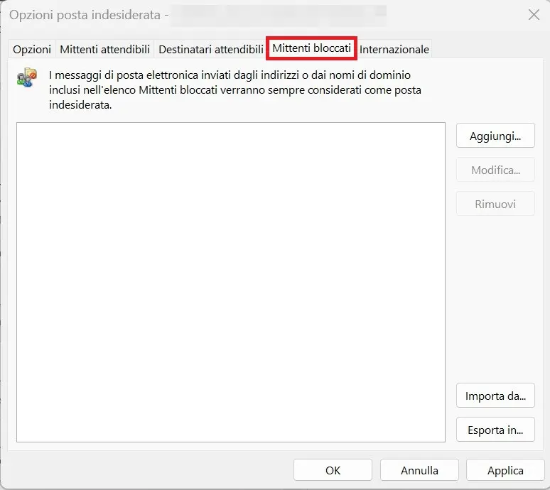 Immagine: Outlook: elenco dei mittenti bloccati