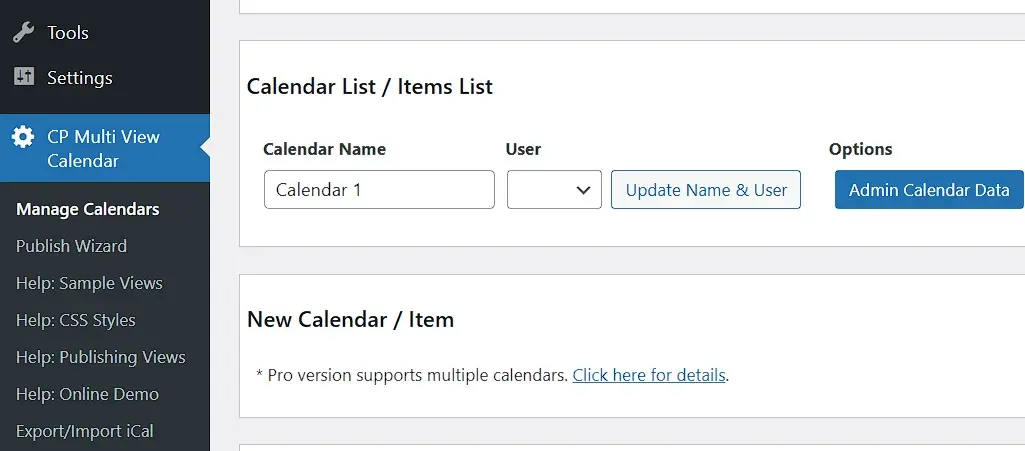 Immagine: Area di amministrazione del calendario WordPress CP Multi View Event Calendar