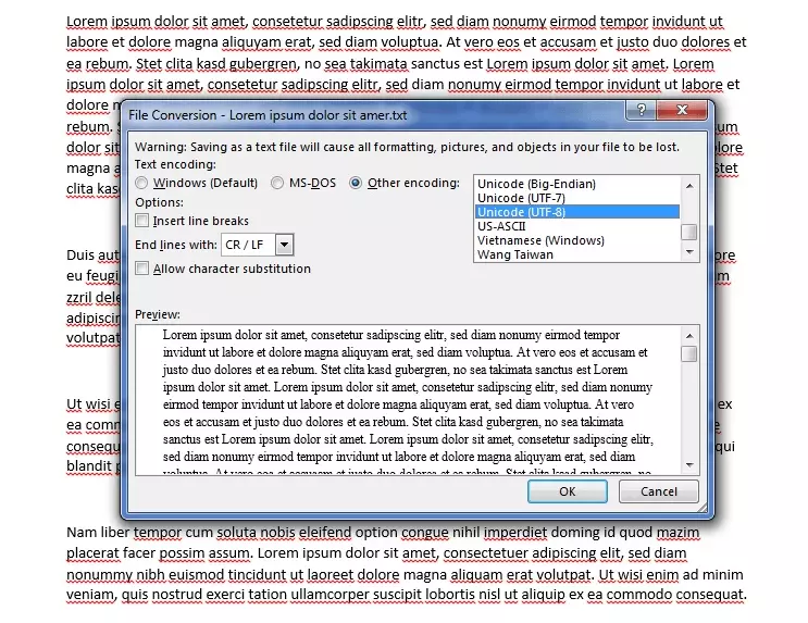 Finestra per la conversione dei file in formato UTF-8