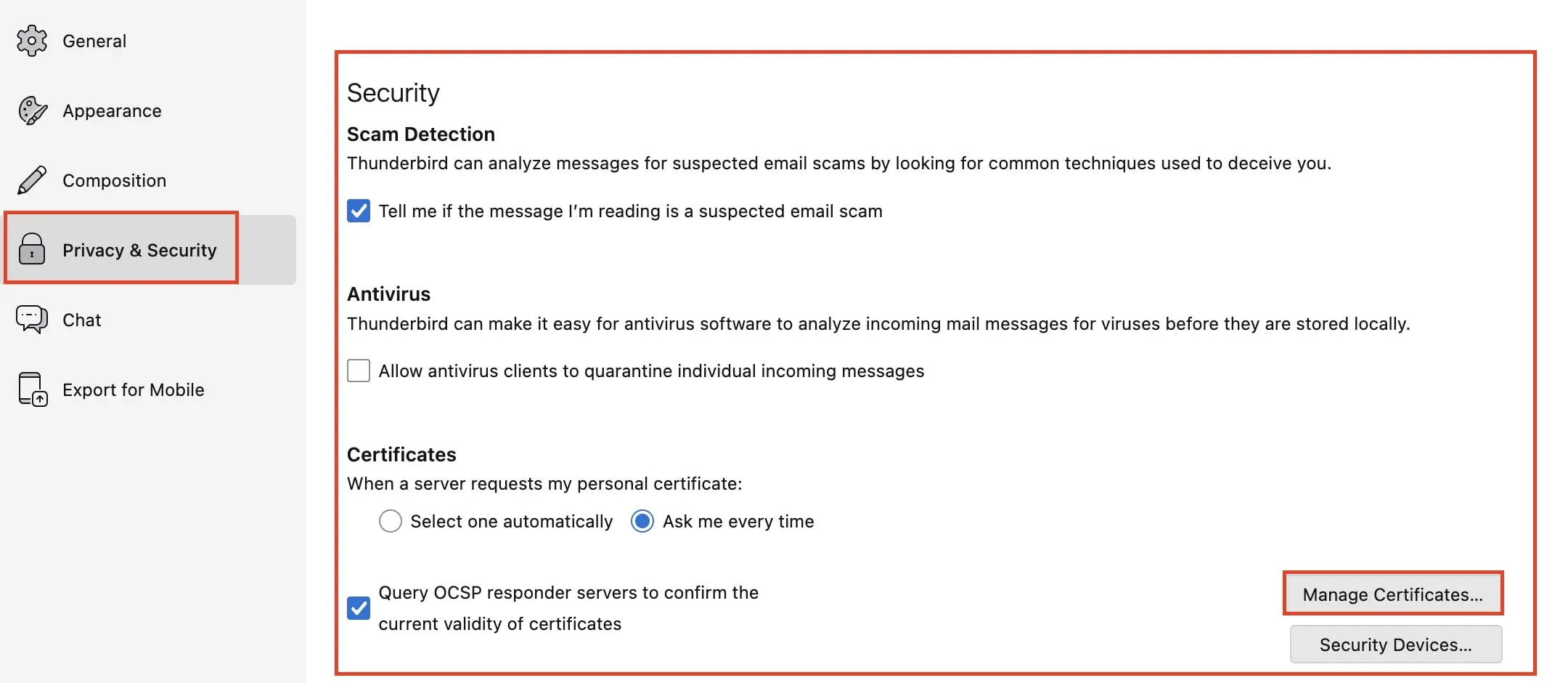 Immagine: Impostazioni di privacy e sicurezza in Thunderbird
