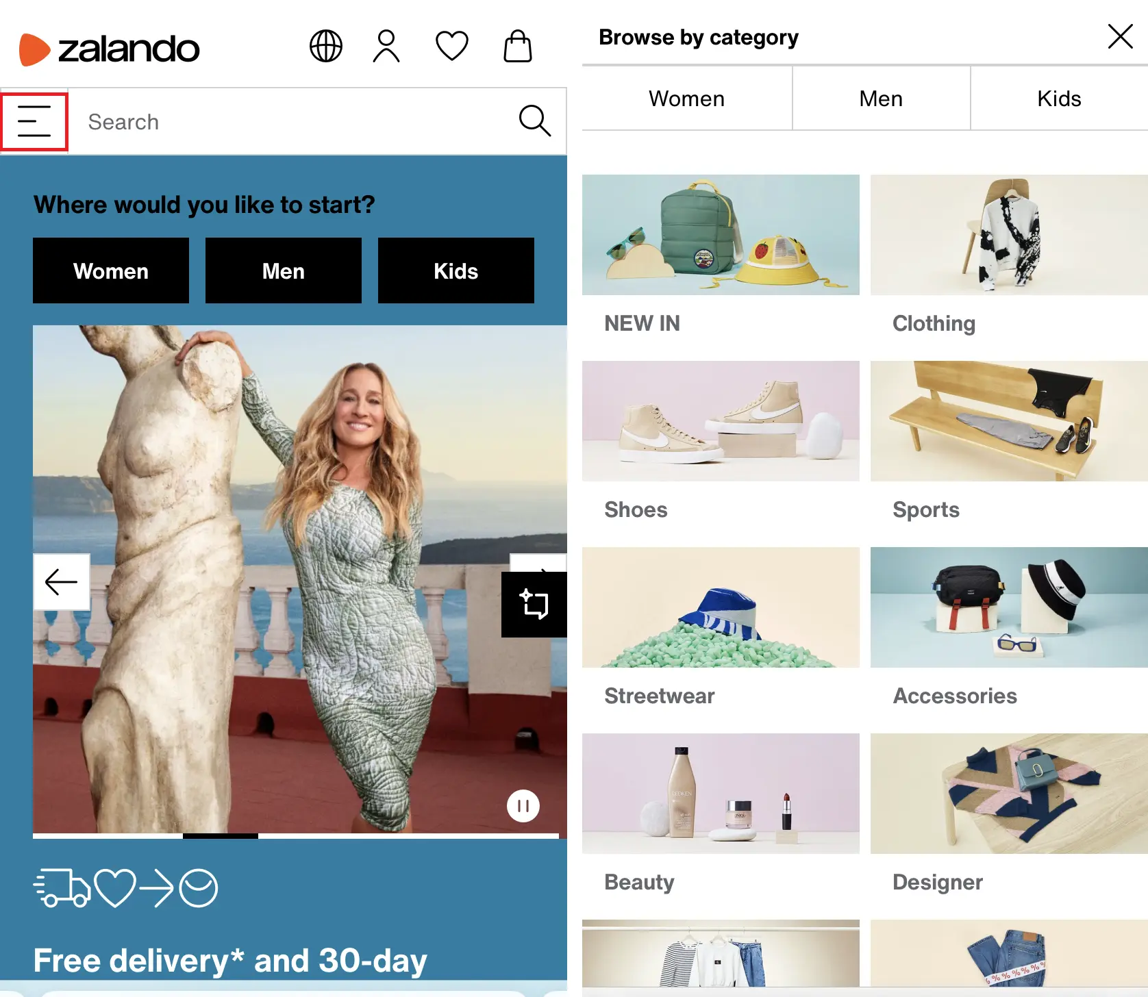 Immagine: Navigazione a griglia nel negozio Zalando
