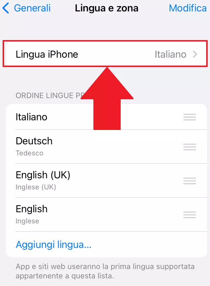Immagine: La lista delle lingue del dispositivo nel menu delle lingue di iOS