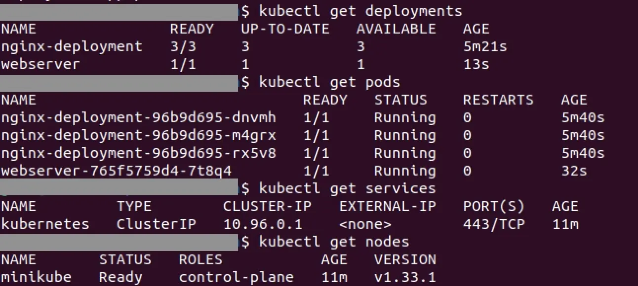 Terminale con diversi comandi e output di Kubernetes Immagine: Terminale con diversi comandi e output di Kubernetes